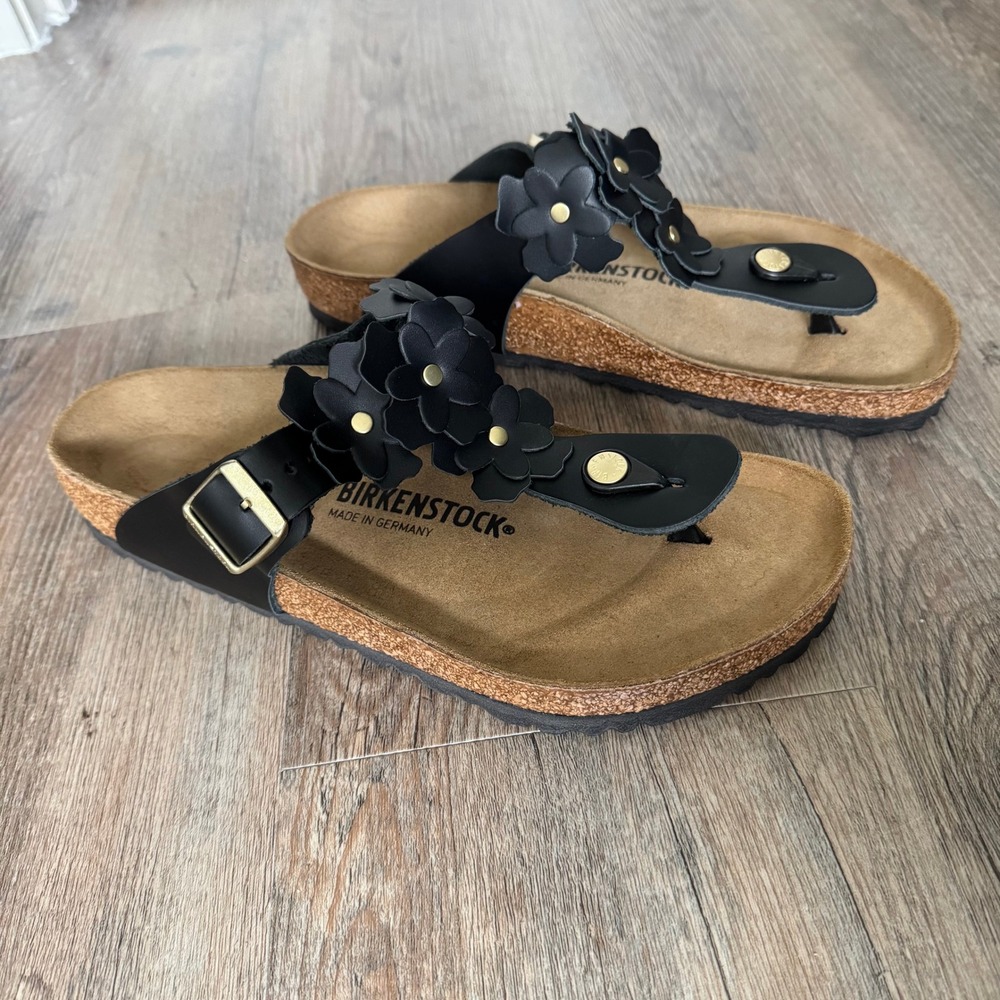 Birkenstock Gizeh Black Floral Leather Thong Sandals Womens 41 W10 M8 Germany - Picture 2 of 12